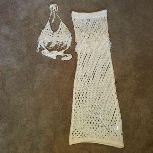 BRAND NEW NASTY GAL Crochet Tassel Tie Back Bralette and Maxi Skirt Set CREAM